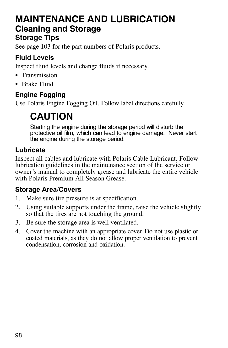 Maintenance and lubrication, Caution, Cleaning and storage | Polaris Sawtooth User Manual | Page 101 / 118