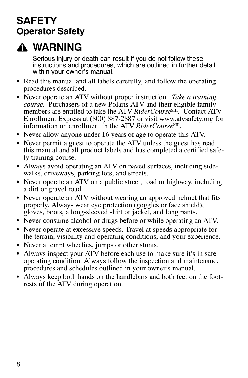 Safety, Warning, Operator safety | Polaris Sawtooth User Manual | Page 11 / 118