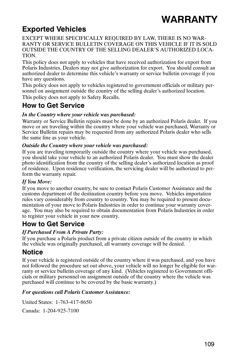 Warranty, Exported vehicles, How to get service | Notice | Polaris Sawtooth User Manual | Page 112 / 118