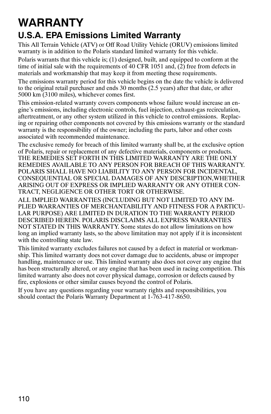 Warranty, U.s.a. epa emissions limited warranty | Polaris Sawtooth User Manual | Page 113 / 118