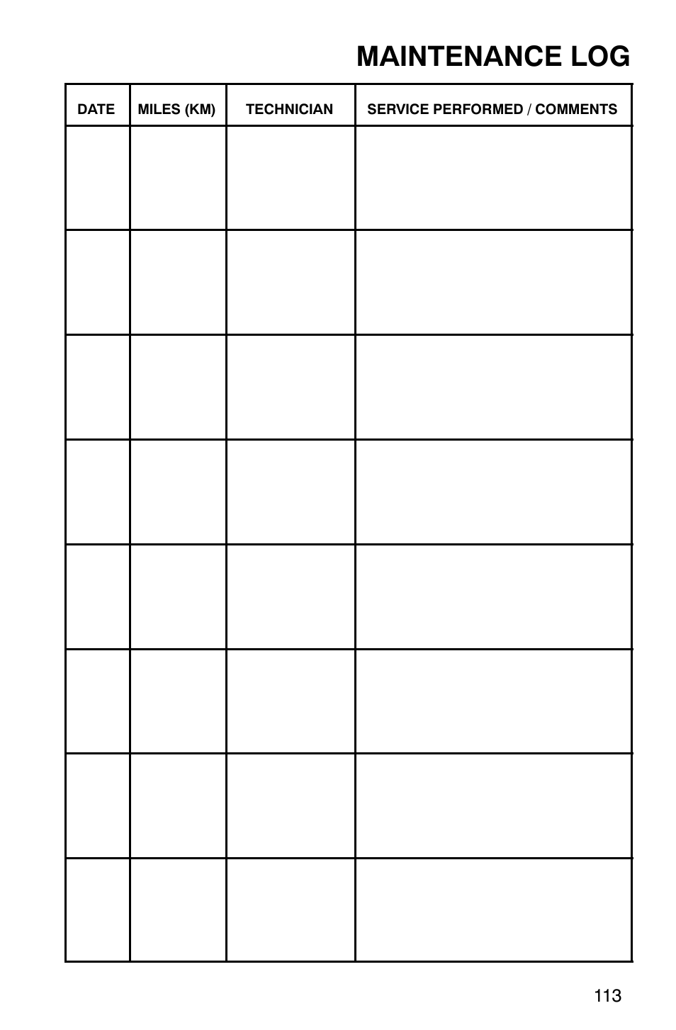 Maintenance log | Polaris Sawtooth User Manual | Page 116 / 118