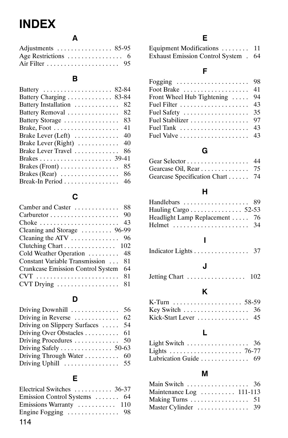 Index | Polaris Sawtooth User Manual | Page 117 / 118