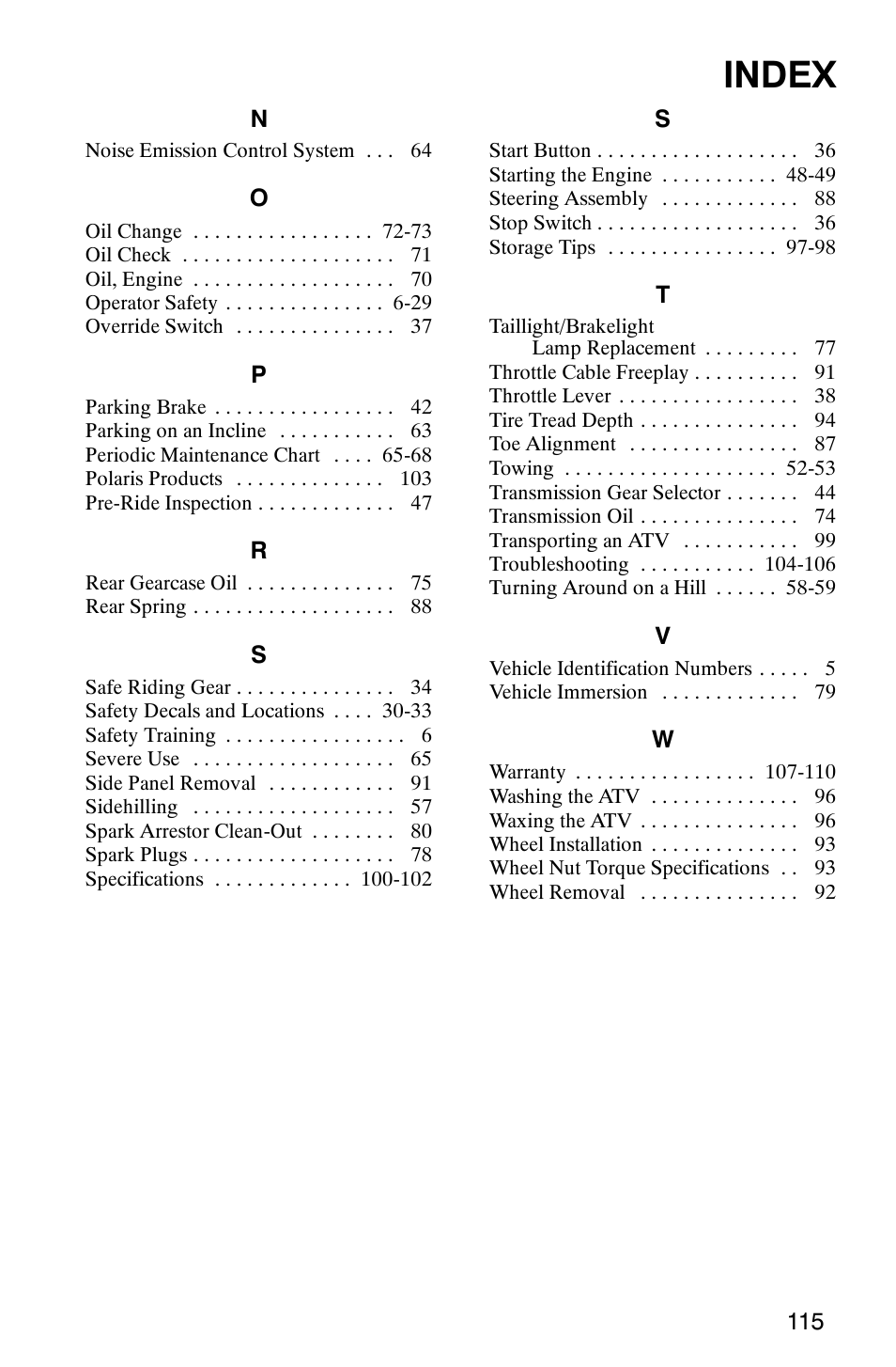 Index | Polaris Sawtooth User Manual | Page 118 / 118