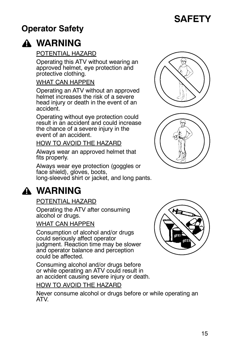 Safety, Warning, Operator safety | Polaris Sawtooth User Manual | Page 18 / 118