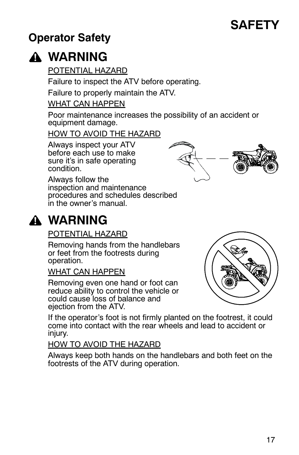 Safety, Warning, Operator safety | Polaris Sawtooth User Manual | Page 20 / 118