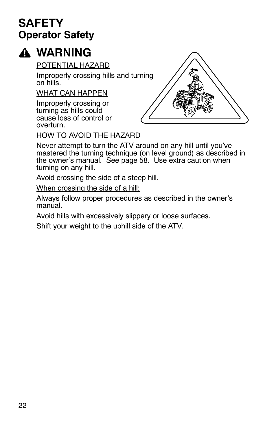 Safety, Warning, Operator safety | Polaris Sawtooth User Manual | Page 25 / 118