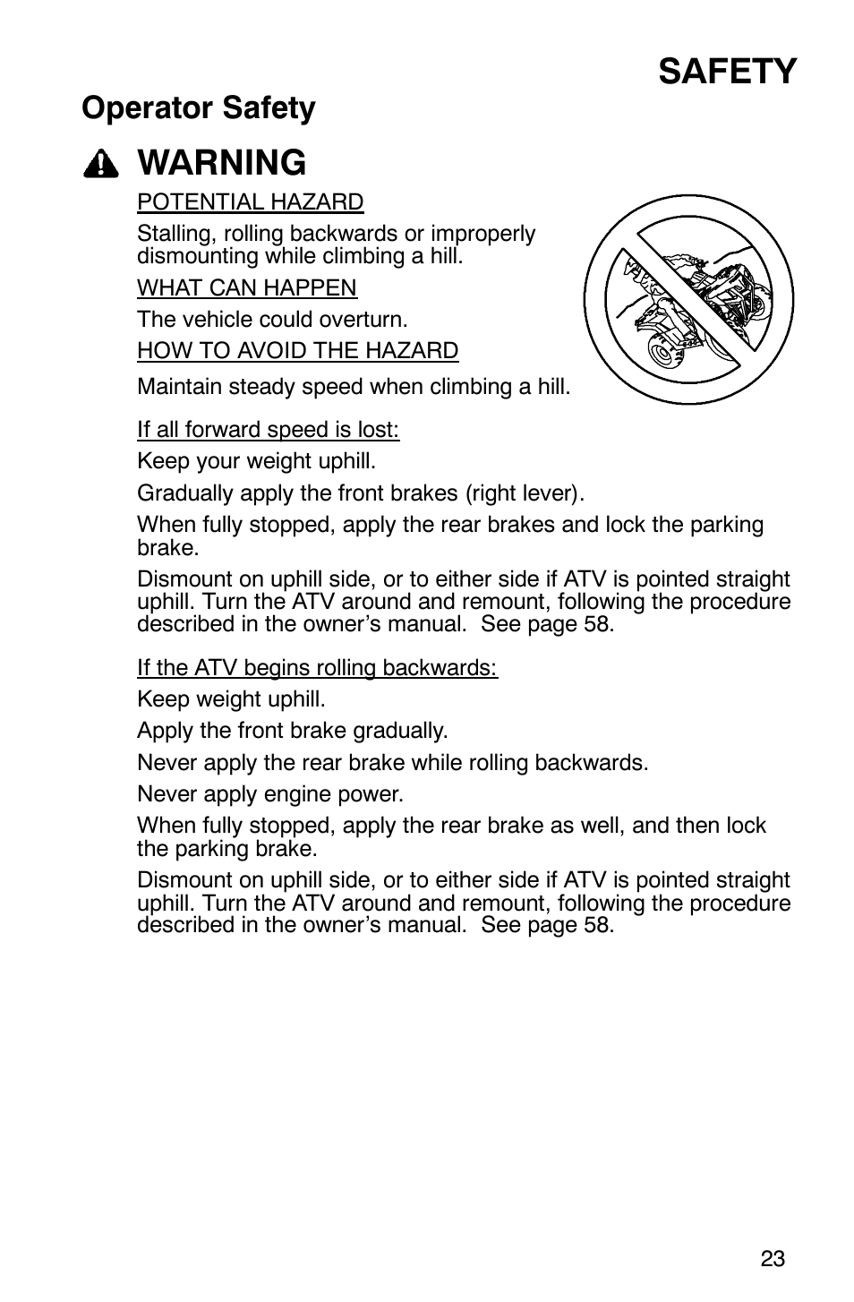 Safety, Warning, Operator safety | Polaris Sawtooth User Manual | Page 26 / 118