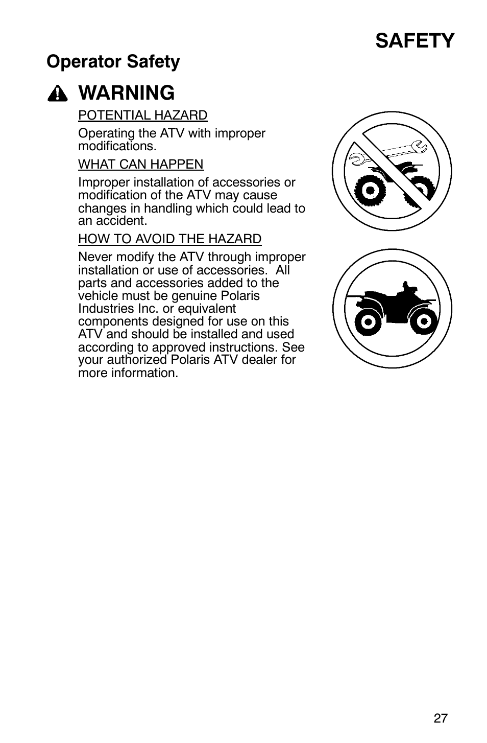 Safety, Warning, Operator safety | Polaris Sawtooth User Manual | Page 30 / 118