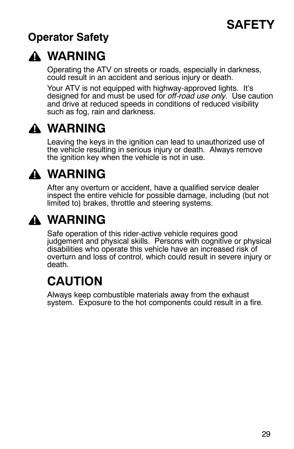 Safety, Warning, Caution | Operator safety | Polaris Sawtooth User Manual | Page 32 / 118