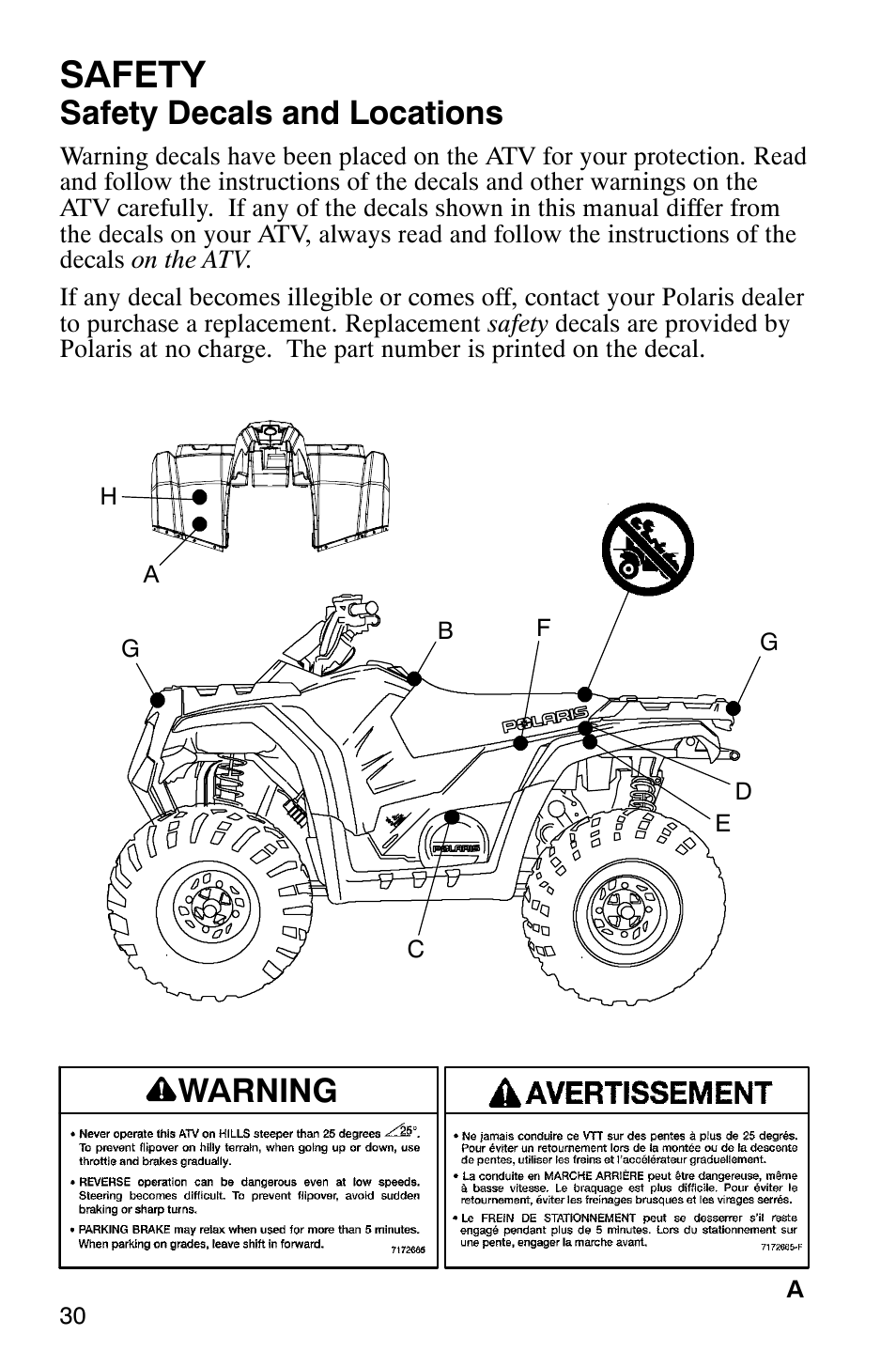 Safety, Safety decals and locations, Warning | Polaris Sawtooth User Manual | Page 33 / 118