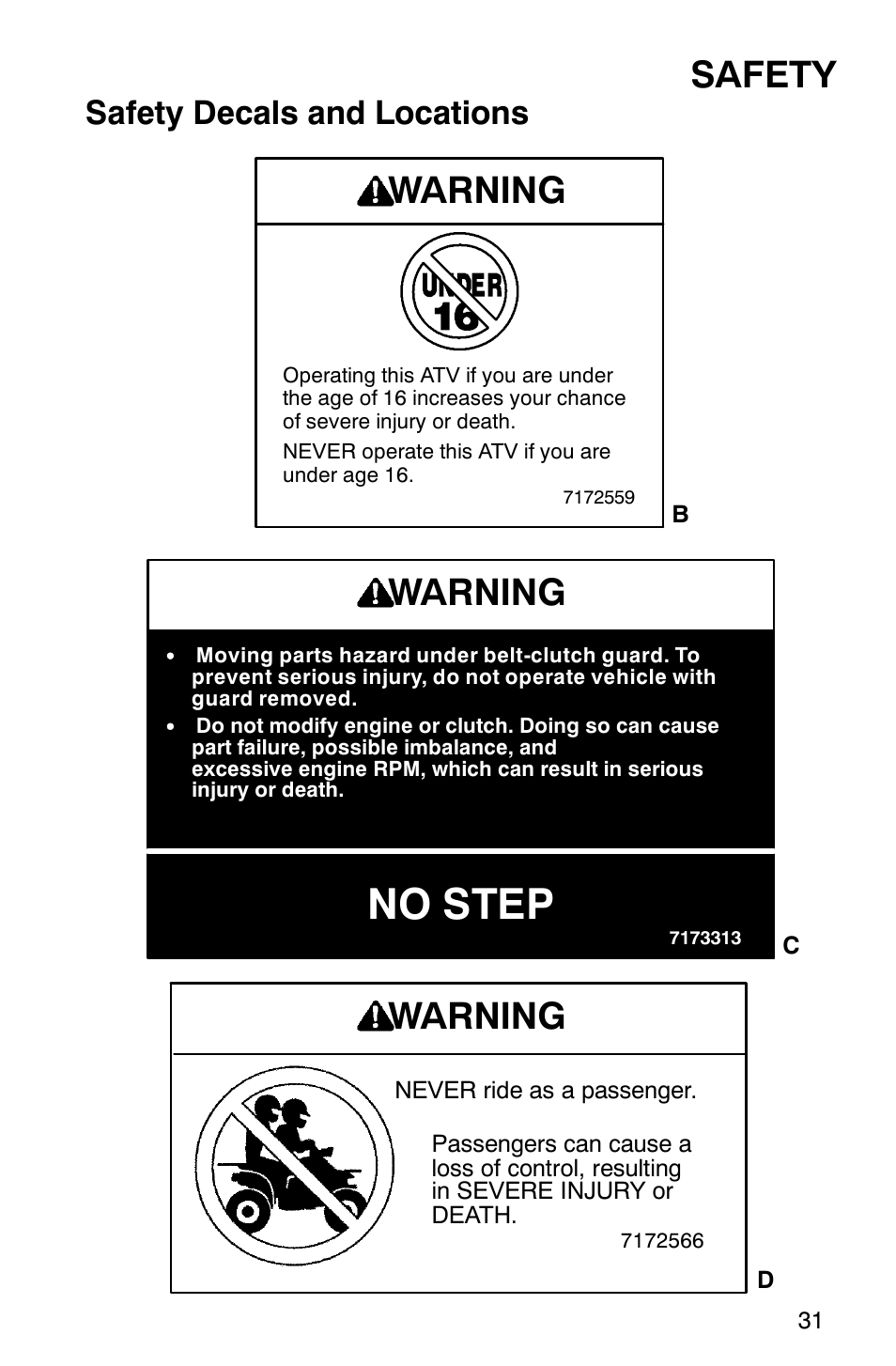 No step, Safety, Warning | Safety decals and locations | Polaris Sawtooth User Manual | Page 34 / 118
