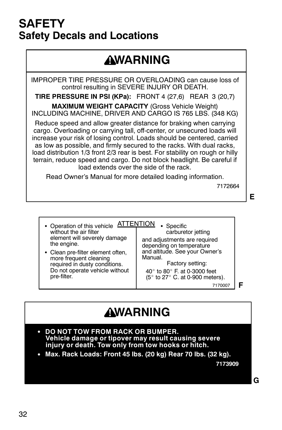 Safety, Warning, Safety decals and locations | Polaris Sawtooth User Manual | Page 35 / 118