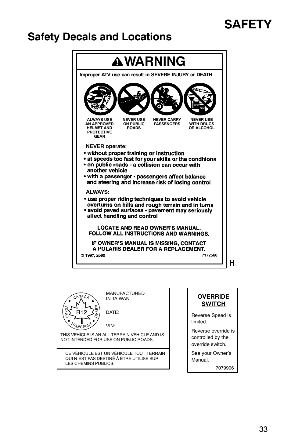 Warning, Safety, Safety decals and locations | Polaris Sawtooth User Manual | Page 36 / 118