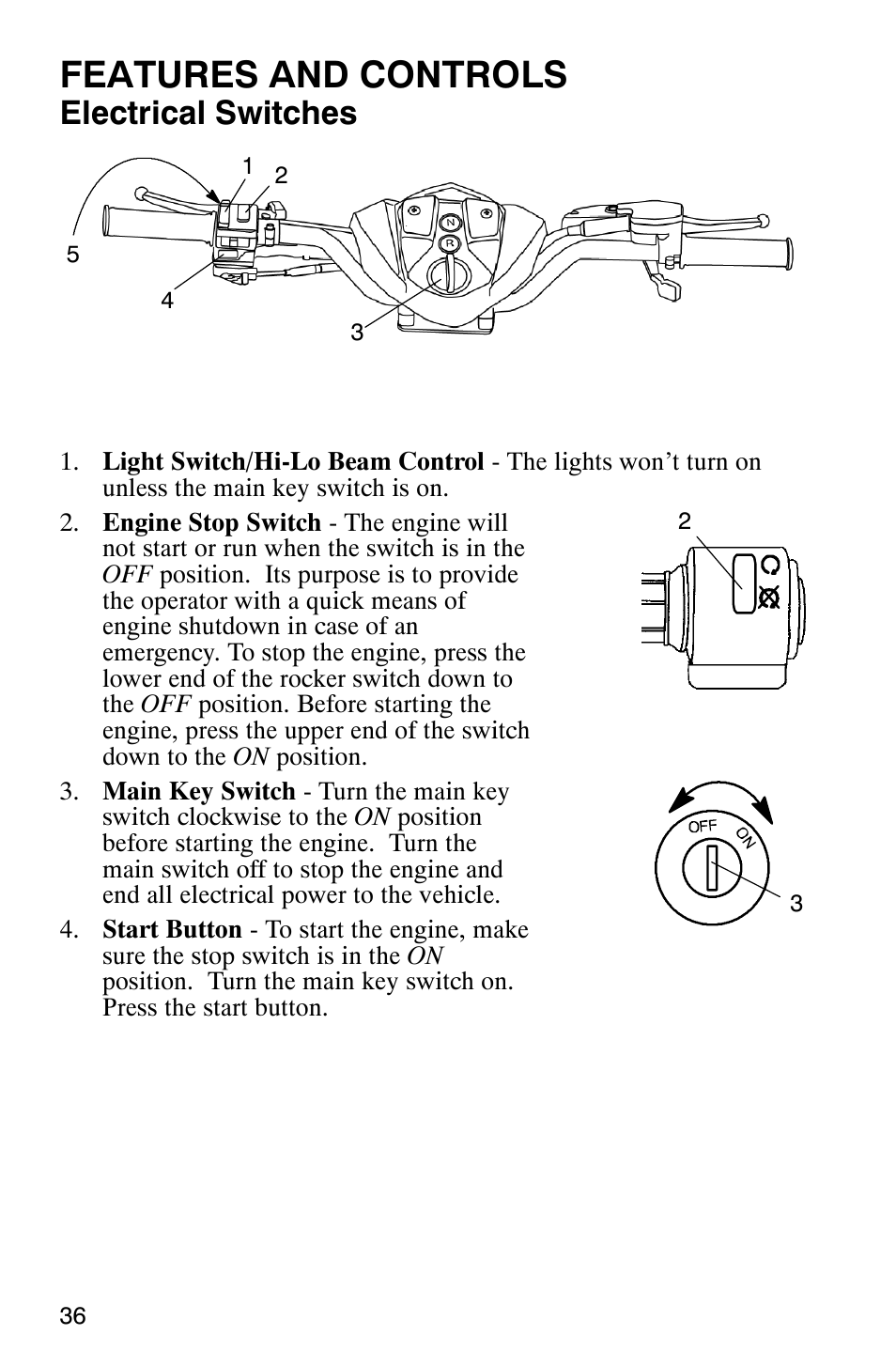 Features and controls, Electrical switches | Polaris Sawtooth User Manual | Page 39 / 118