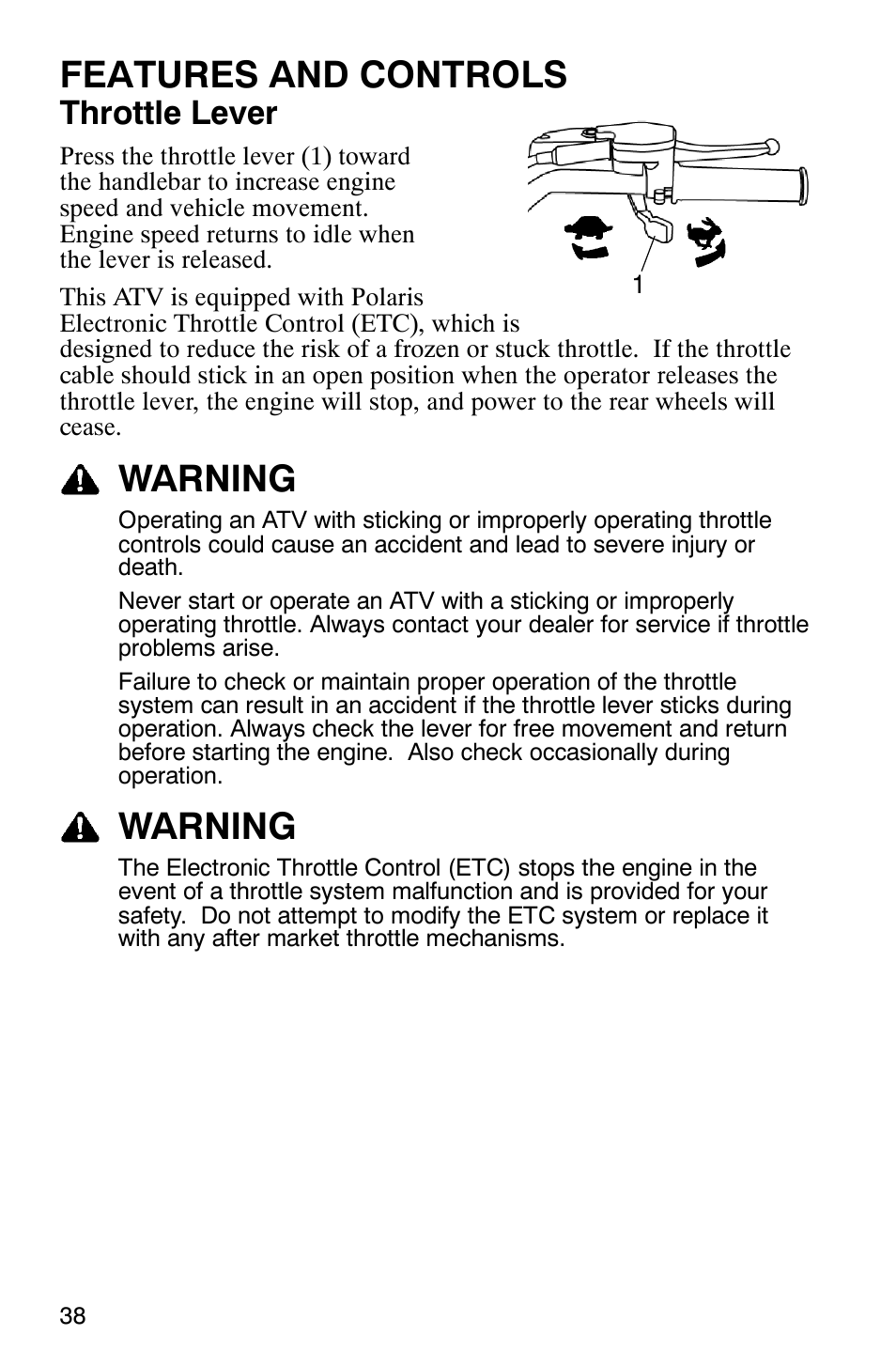 Features and controls, Warning, Throttle lever | Polaris Sawtooth User Manual | Page 41 / 118