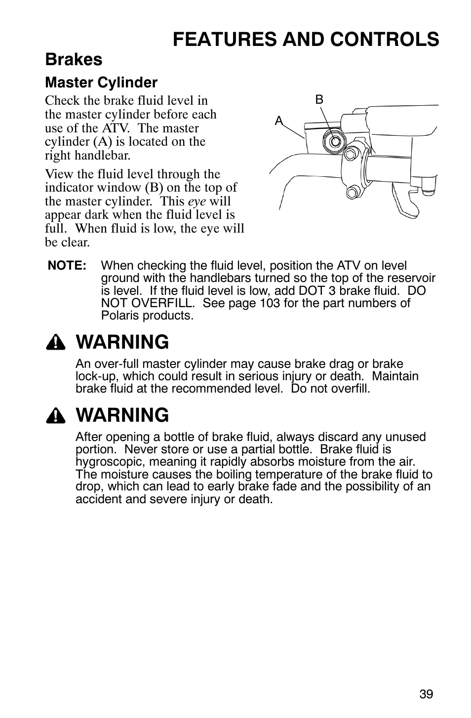 Features and controls, Warning, Brakes | Polaris Sawtooth User Manual | Page 42 / 118