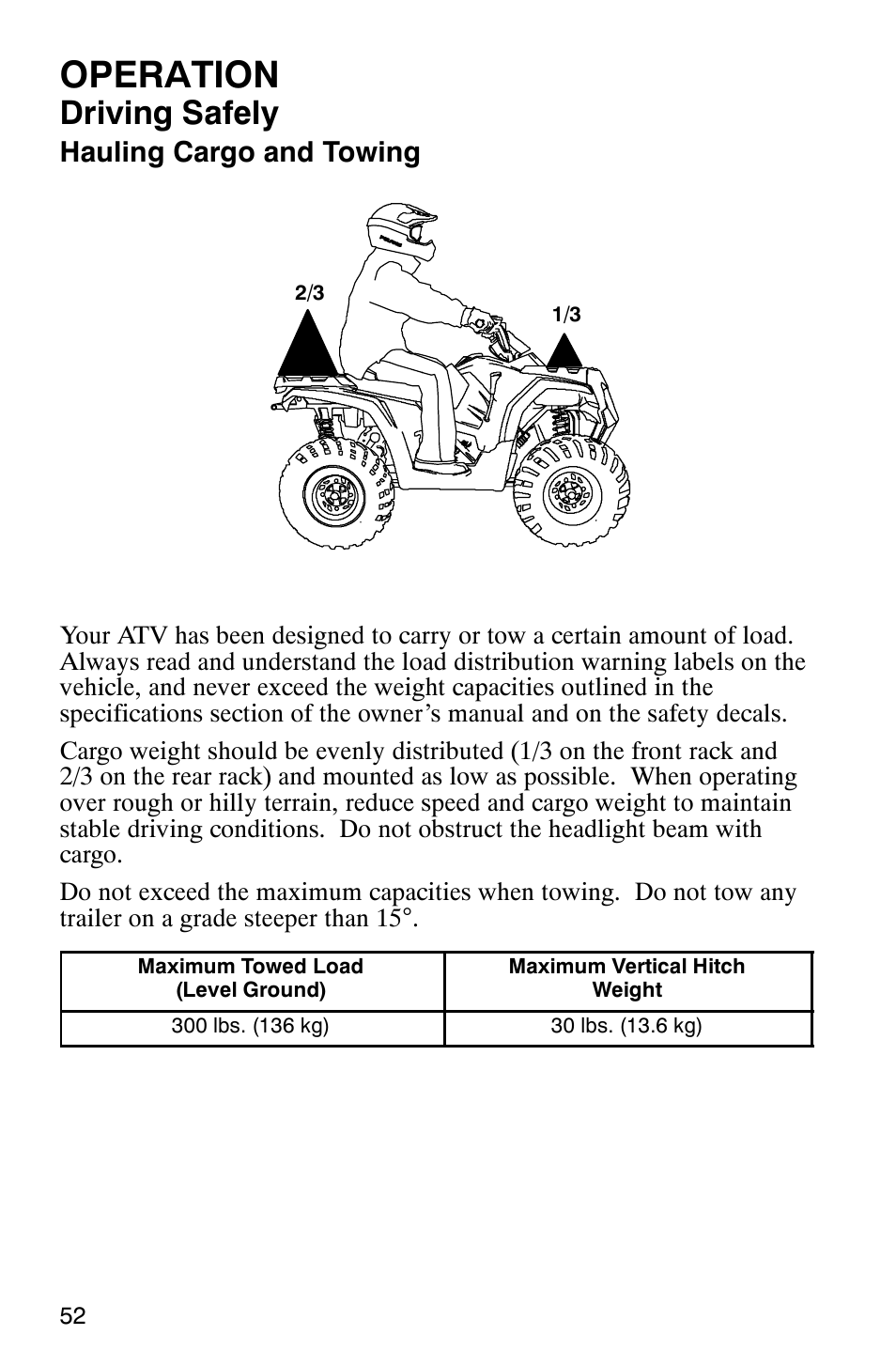 Operation, Driving safely, Hauling cargo and towing | Polaris Sawtooth User Manual | Page 55 / 118