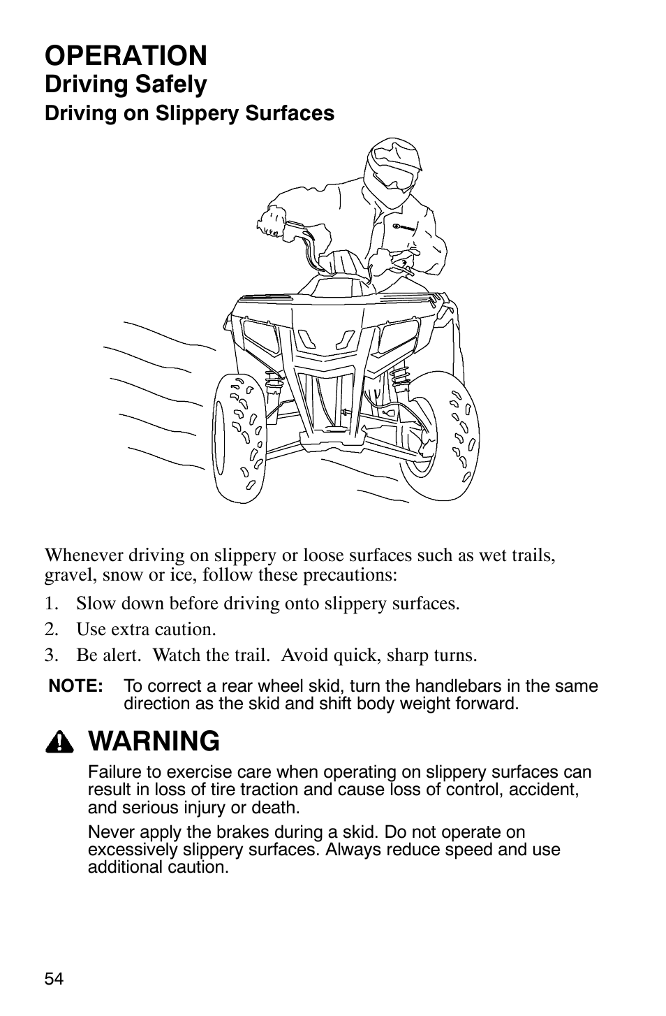 Operation, Warning, Driving safely | Polaris Sawtooth User Manual | Page 57 / 118