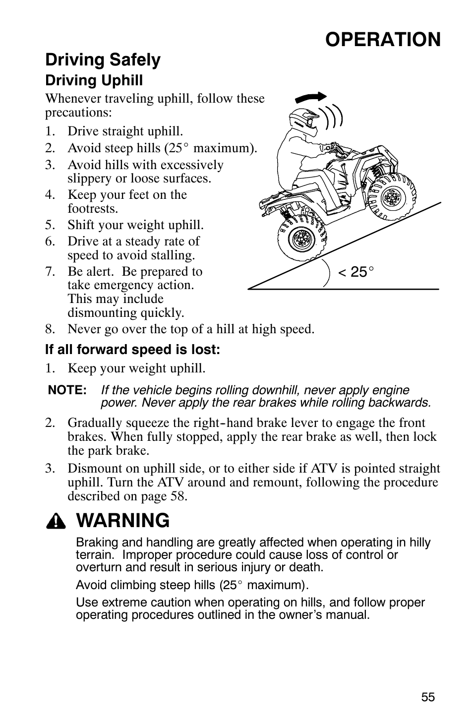 Operation, Warning, Driving safely | Polaris Sawtooth User Manual | Page 58 / 118