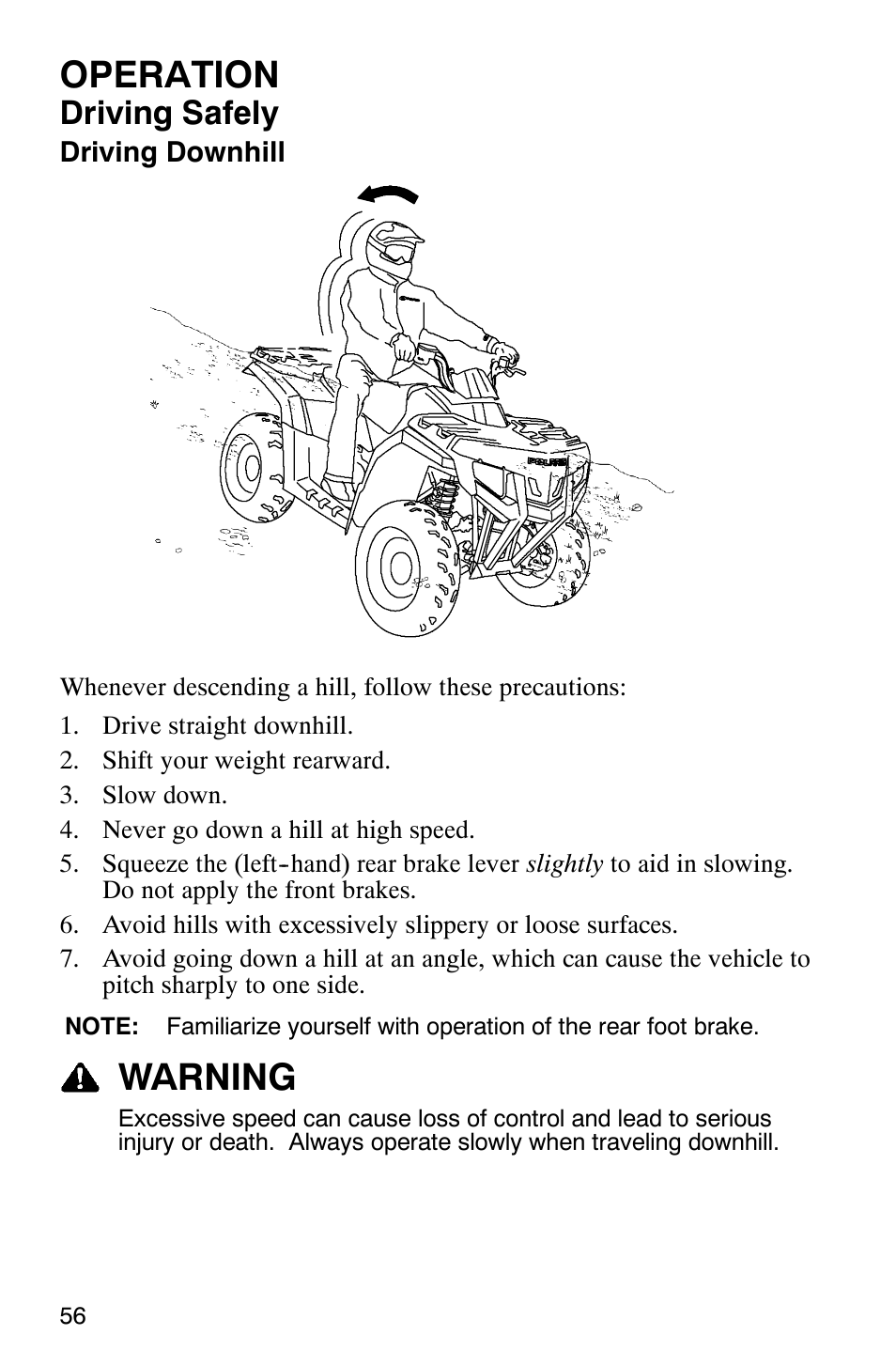 Operation, Warning, Driving safely | Polaris Sawtooth User Manual | Page 59 / 118