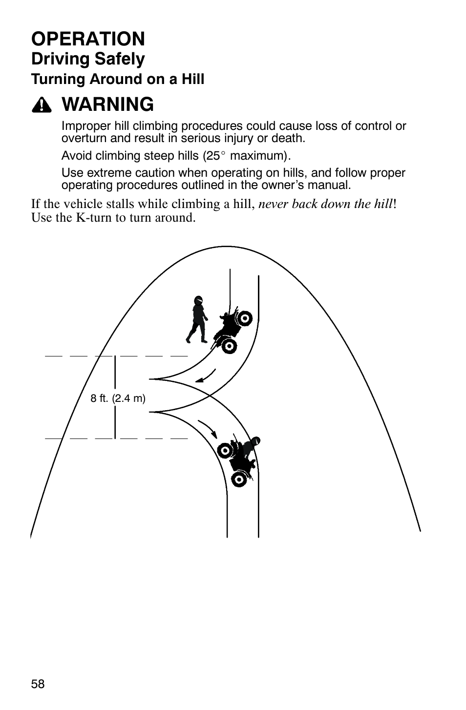 Operation, Warning, Driving safely | Polaris Sawtooth User Manual | Page 61 / 118