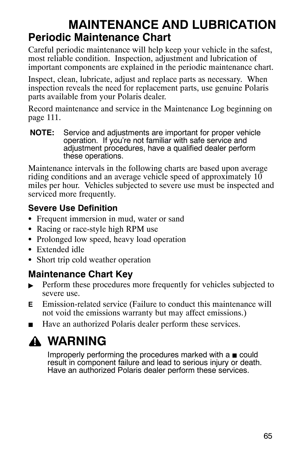 Maintenance and lubrication, Warning, Periodic maintenance chart | Polaris Sawtooth User Manual | Page 68 / 118