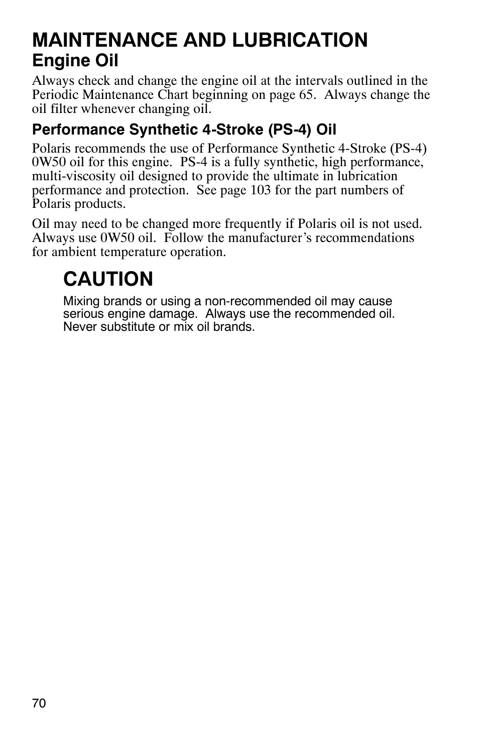 Maintenance and lubrication, Caution, Engine oil | Polaris Sawtooth User Manual | Page 73 / 118