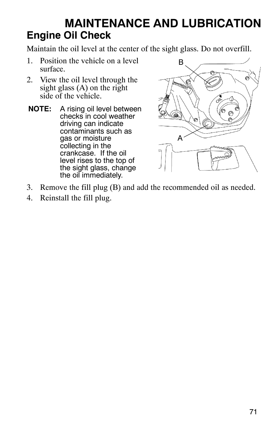 Maintenance and lubrication, Engine oil check | Polaris Sawtooth User Manual | Page 74 / 118