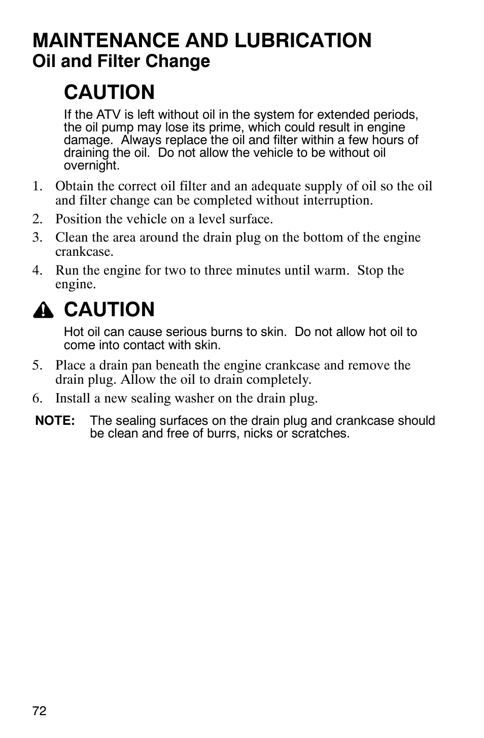 Maintenance and lubrication, Caution, Oil and filter change | Polaris Sawtooth User Manual | Page 75 / 118