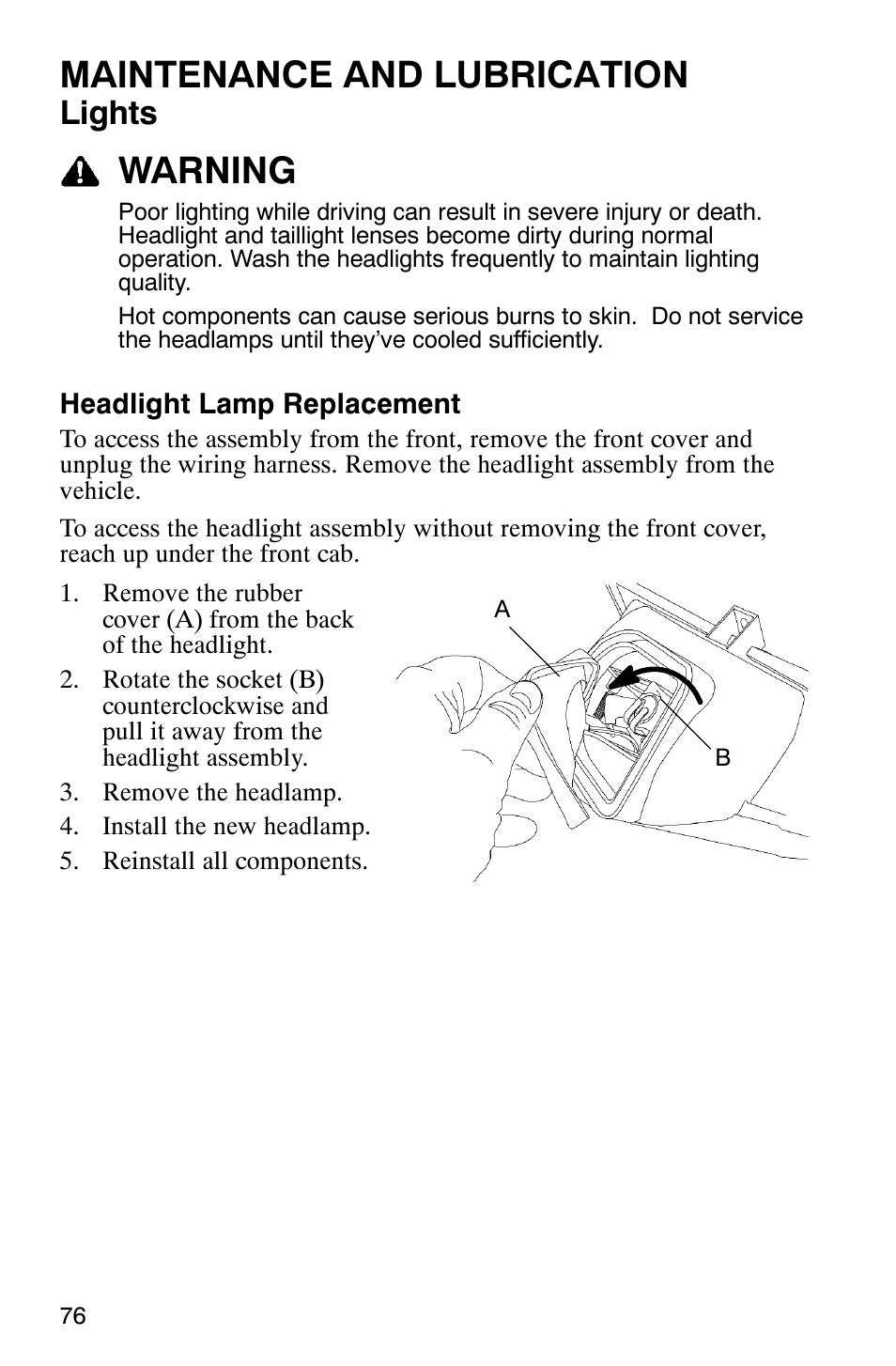 Maintenance and lubrication, Warning, Lights | Polaris Sawtooth User Manual | Page 79 / 118