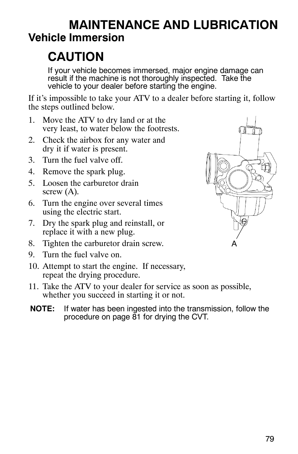 Maintenance and lubrication, Caution, Vehicle immersion | Polaris Sawtooth User Manual | Page 82 / 118