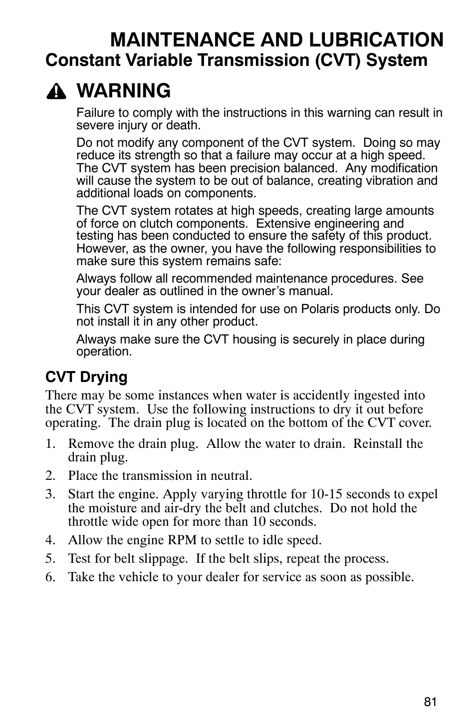 Maintenance and lubrication, Warning, Constant variable transmission (cvt) system | Polaris Sawtooth User Manual | Page 84 / 118