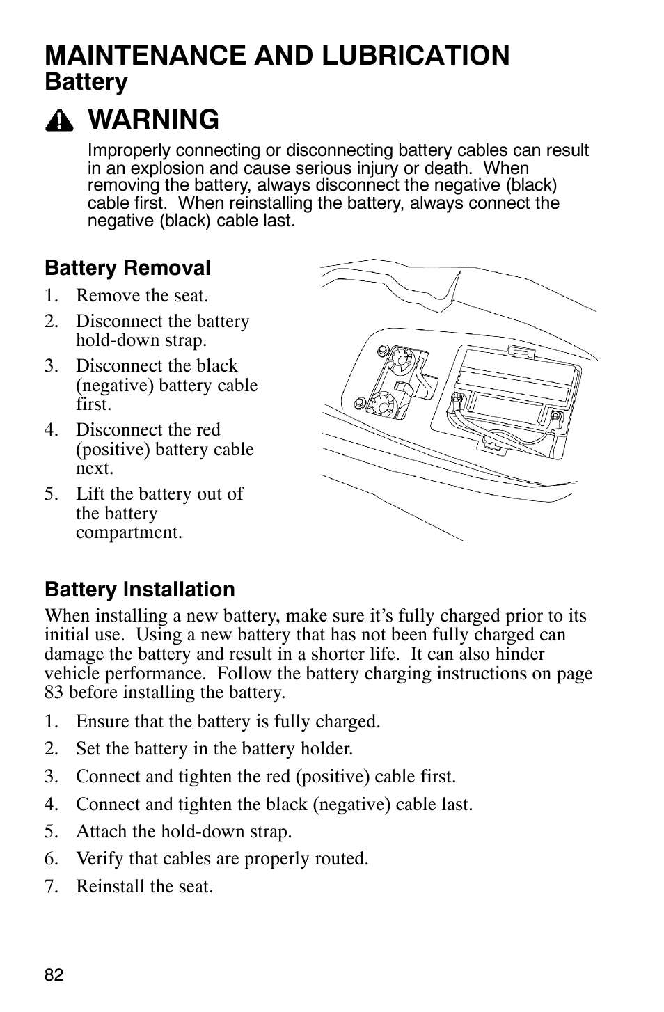 Maintenance and lubrication, Warning, Battery | Polaris Sawtooth User Manual | Page 85 / 118