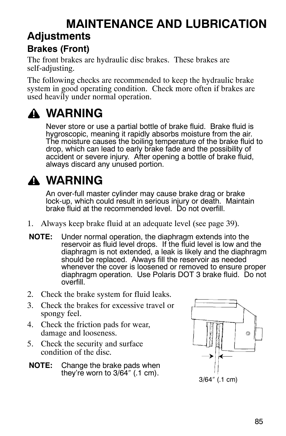 Maintenance and lubrication, Warning, Adjustments | Polaris Sawtooth User Manual | Page 88 / 118