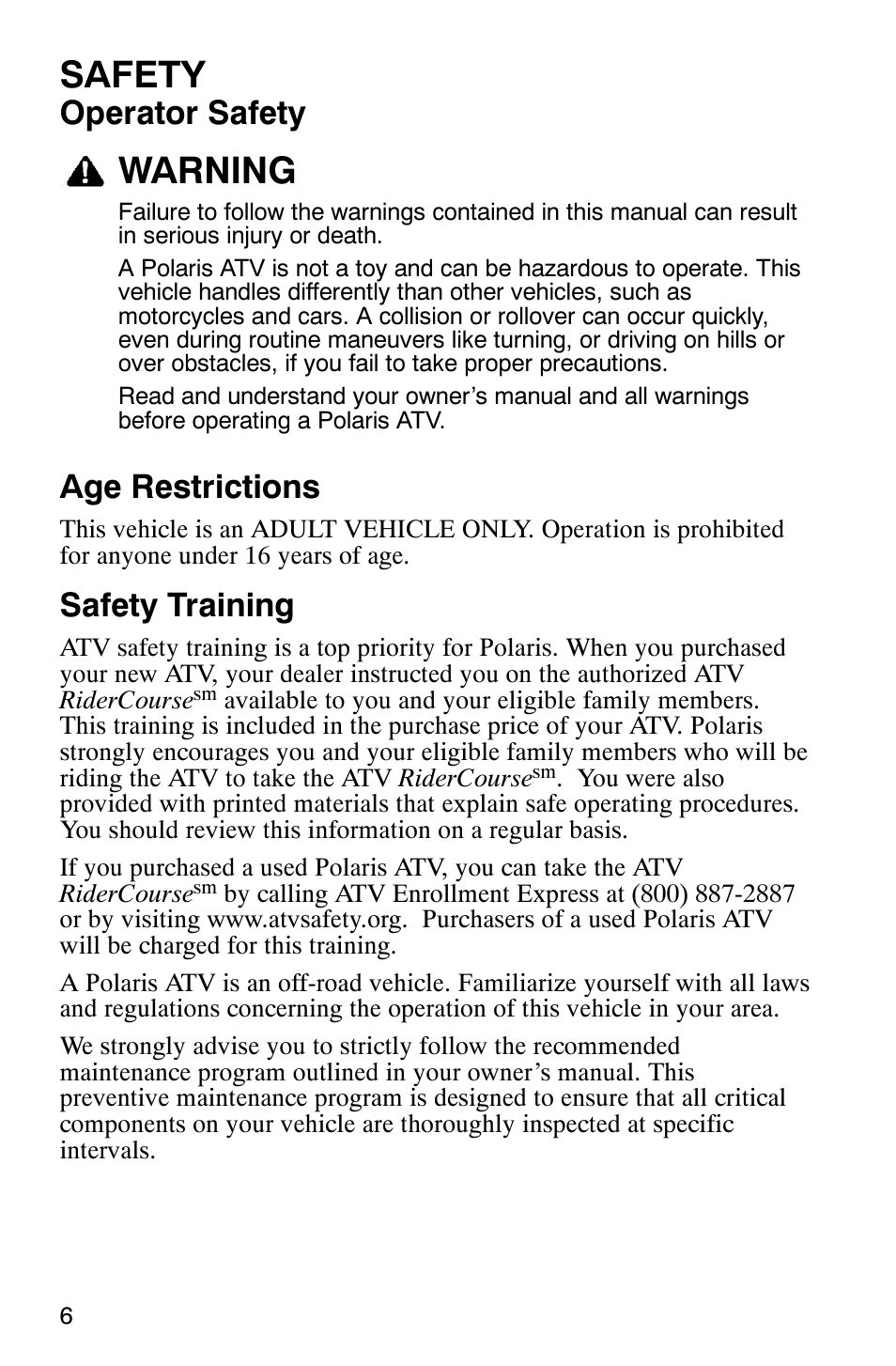 Safety, Warning, Operator safety | Age restrictions, Safety training | Polaris Sawtooth User Manual | Page 9 / 118