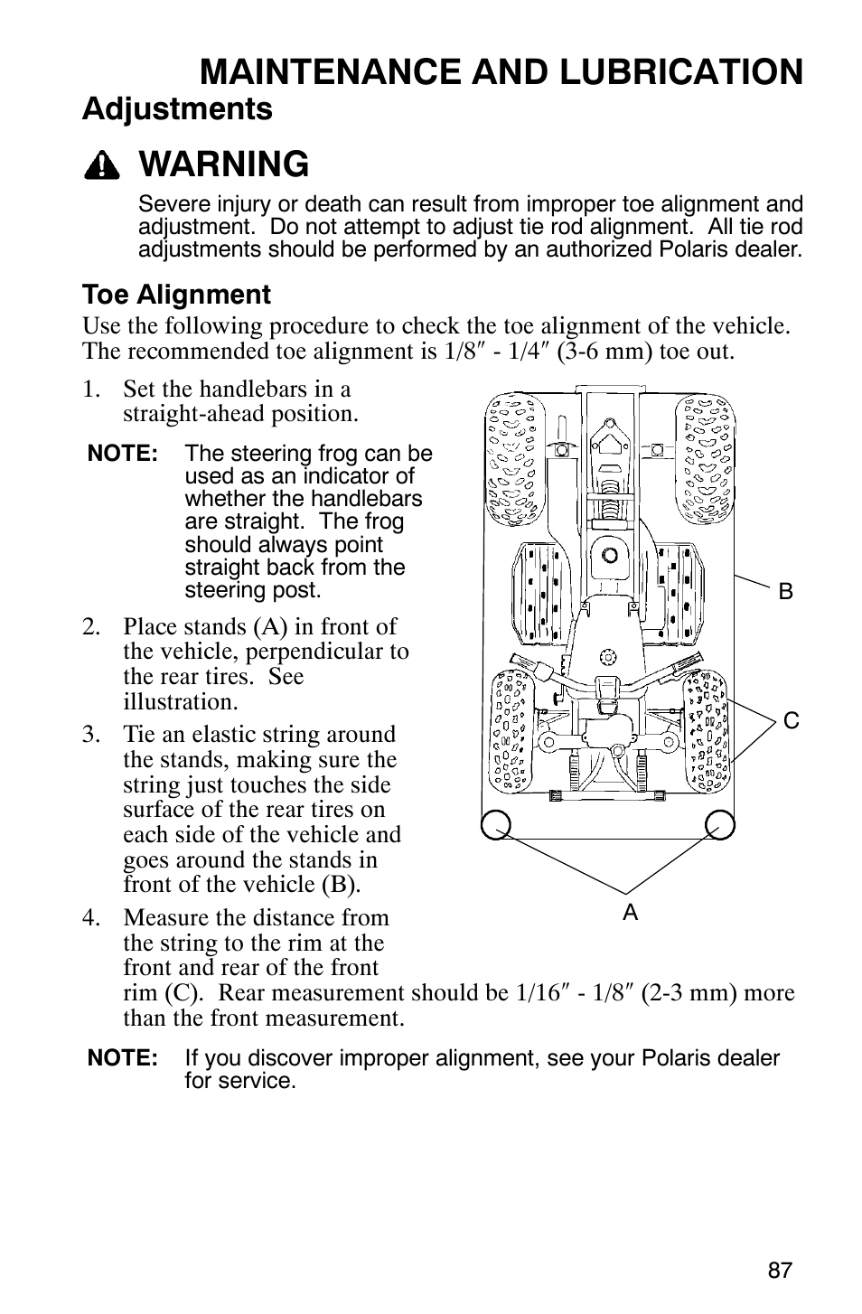 Maintenance and lubrication, Warning, Adjustments | Polaris Sawtooth User Manual | Page 90 / 118