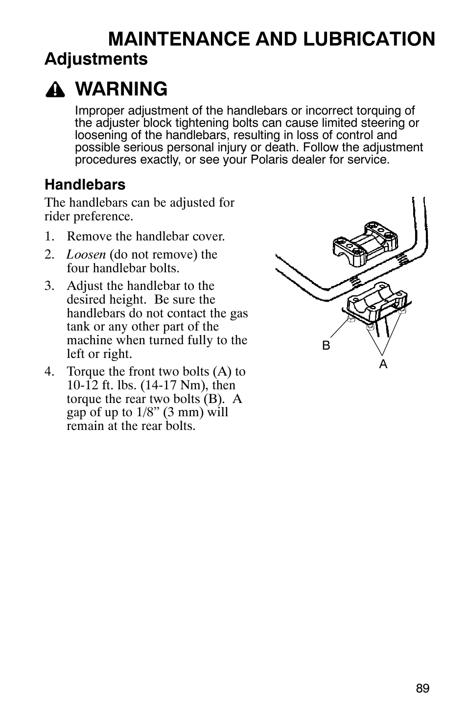 Maintenance and lubrication, Warning, Adjustments | Polaris Sawtooth User Manual | Page 92 / 118