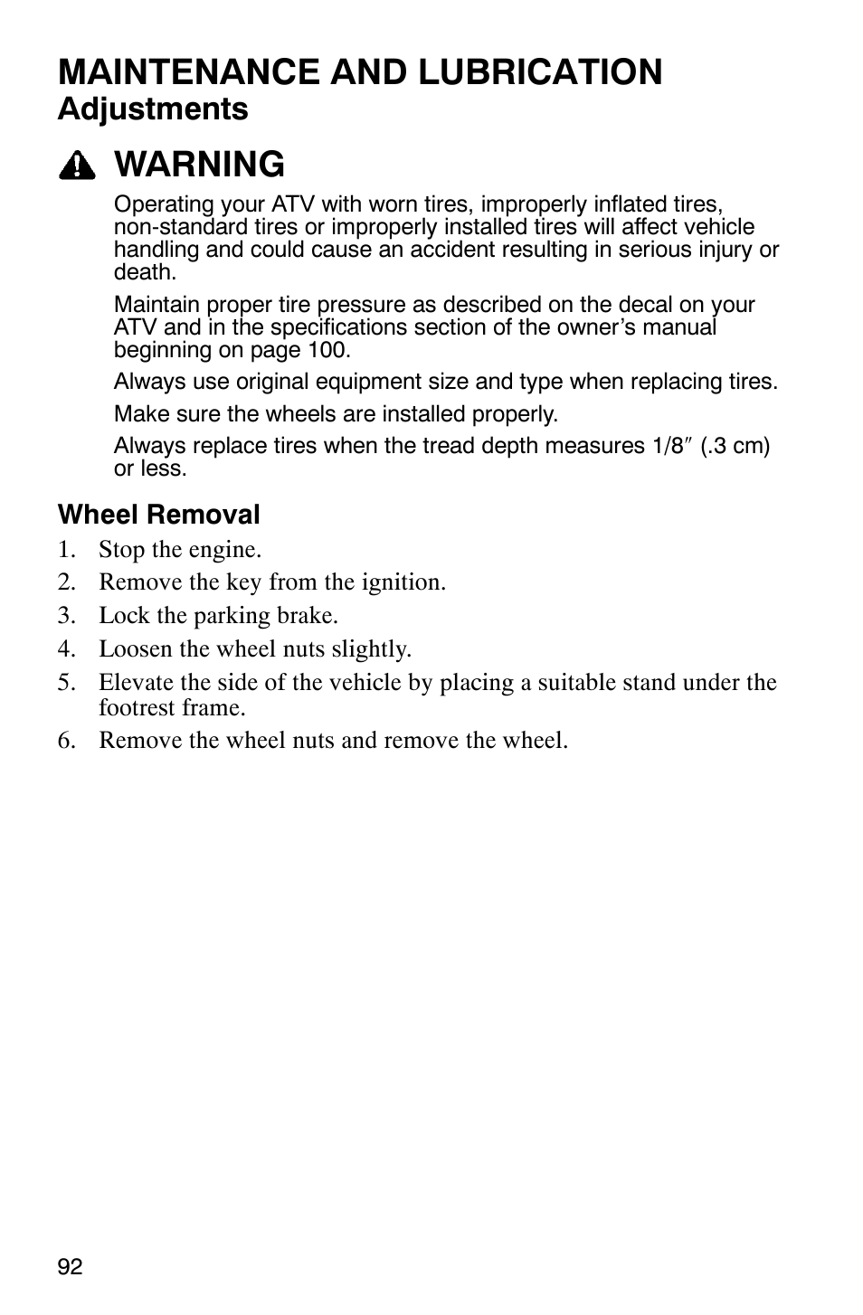 Maintenance and lubrication, Warning, Adjustments | Polaris Sawtooth User Manual | Page 95 / 118