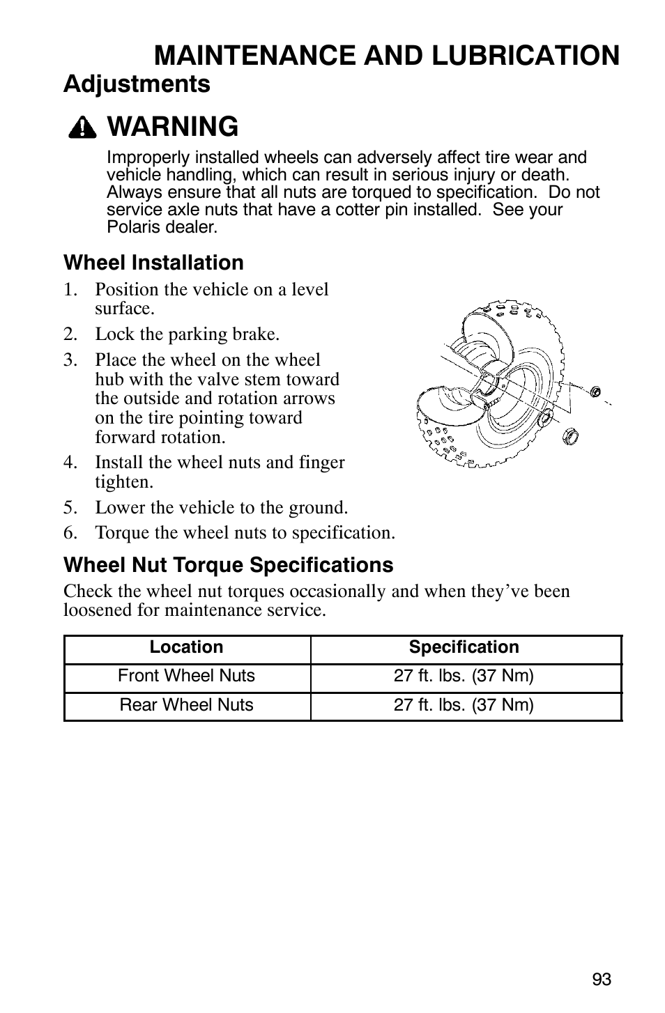 Maintenance and lubrication, Warning, Adjustments | Polaris Sawtooth User Manual | Page 96 / 118