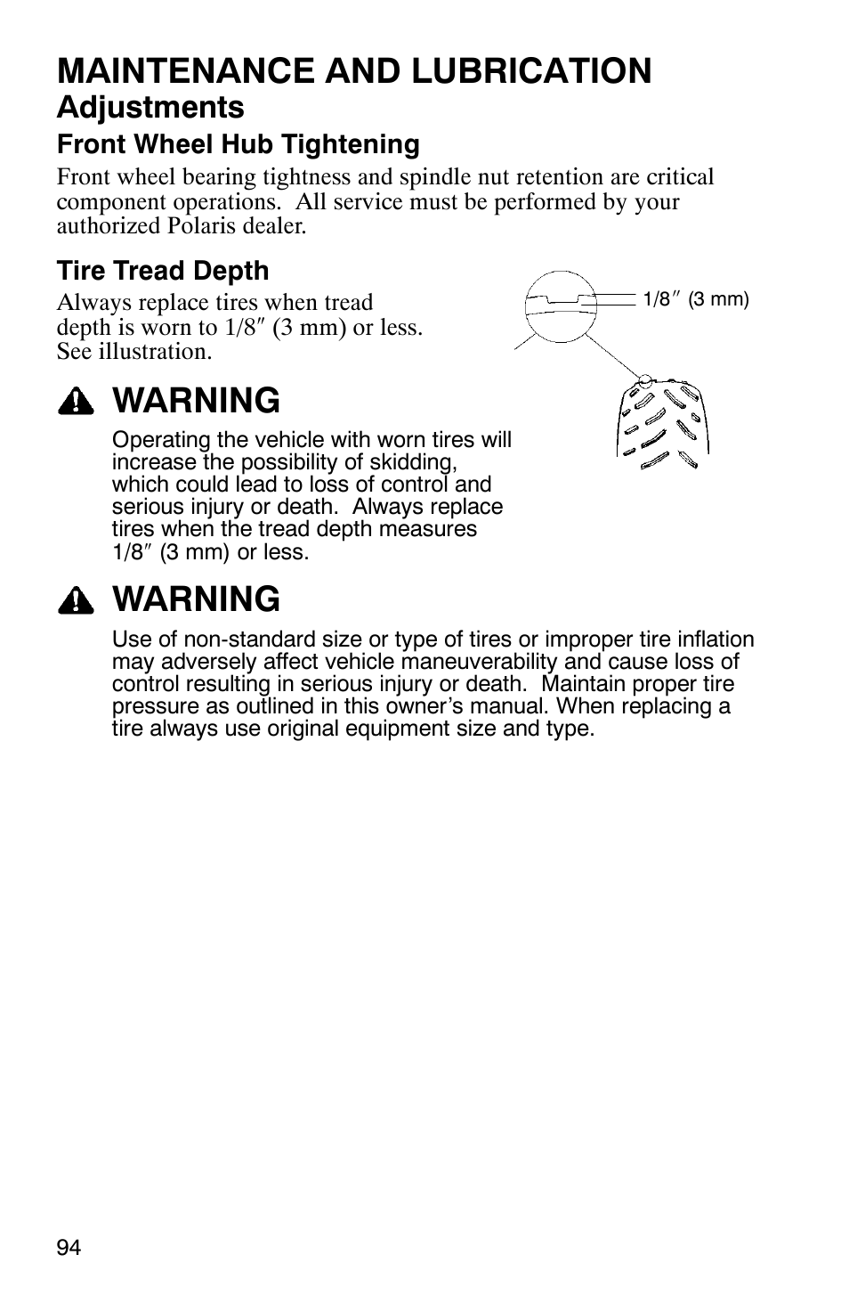 Maintenance and lubrication, Warning, Adjustments | Polaris Sawtooth User Manual | Page 97 / 118