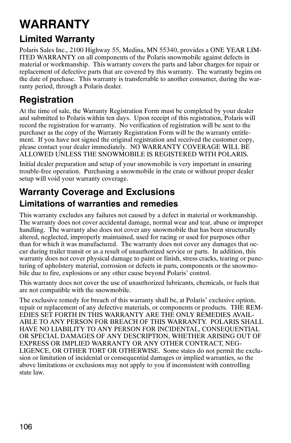 Warranty, Limited warranty, Registration | Warranty coverage and exclusions, Limitations of warranties and remedies | Polaris 600RR User Manual | Page 109 / 119