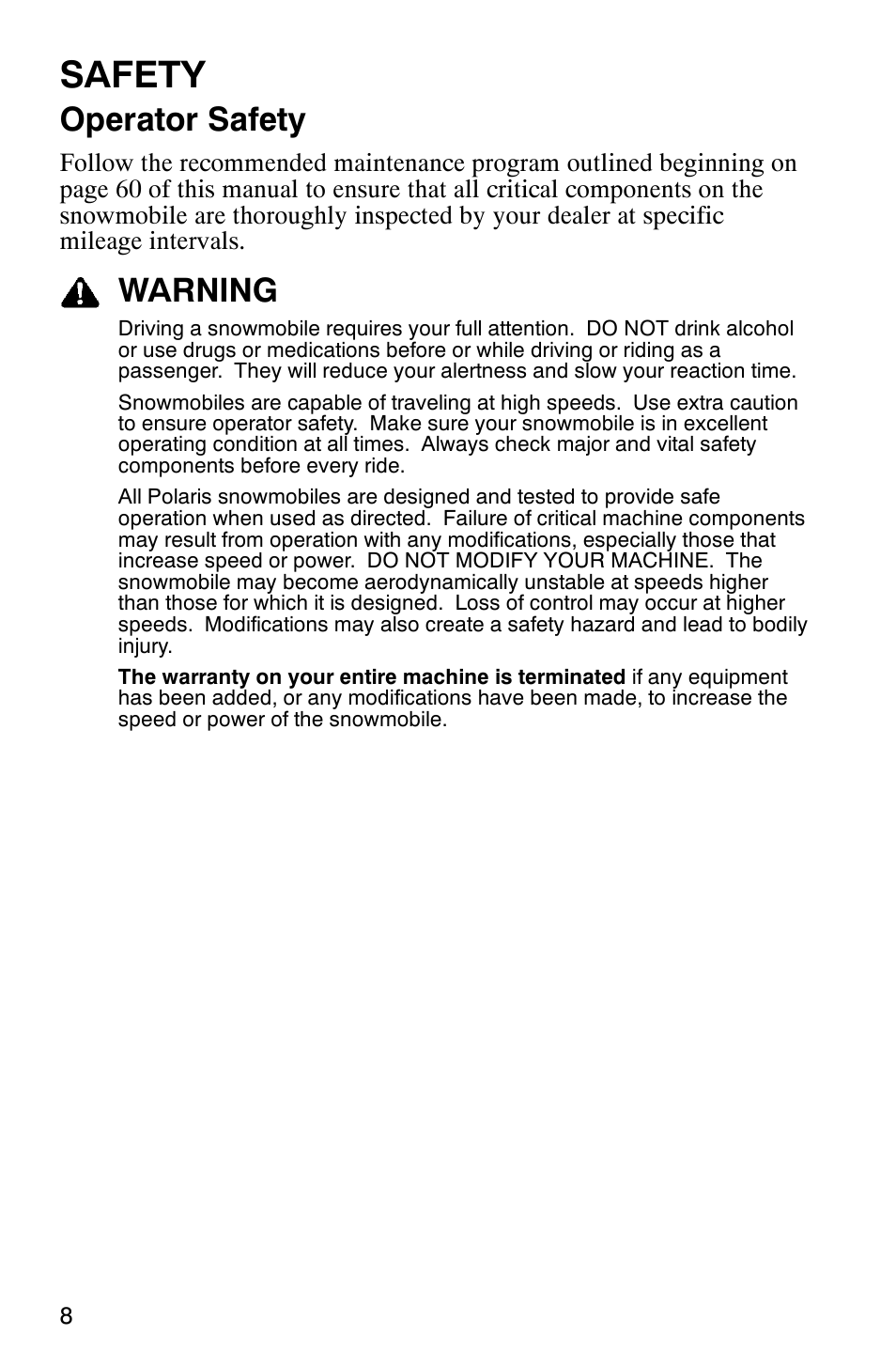 Safety, Operator safety, Warning | Polaris 600RR User Manual | Page 11 / 119
