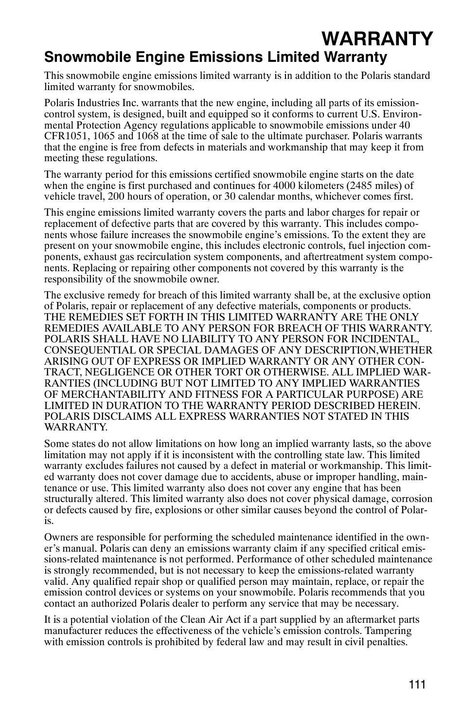 Warranty, Snowmobile engine emissions limited warranty | Polaris 600RR User Manual | Page 114 / 119