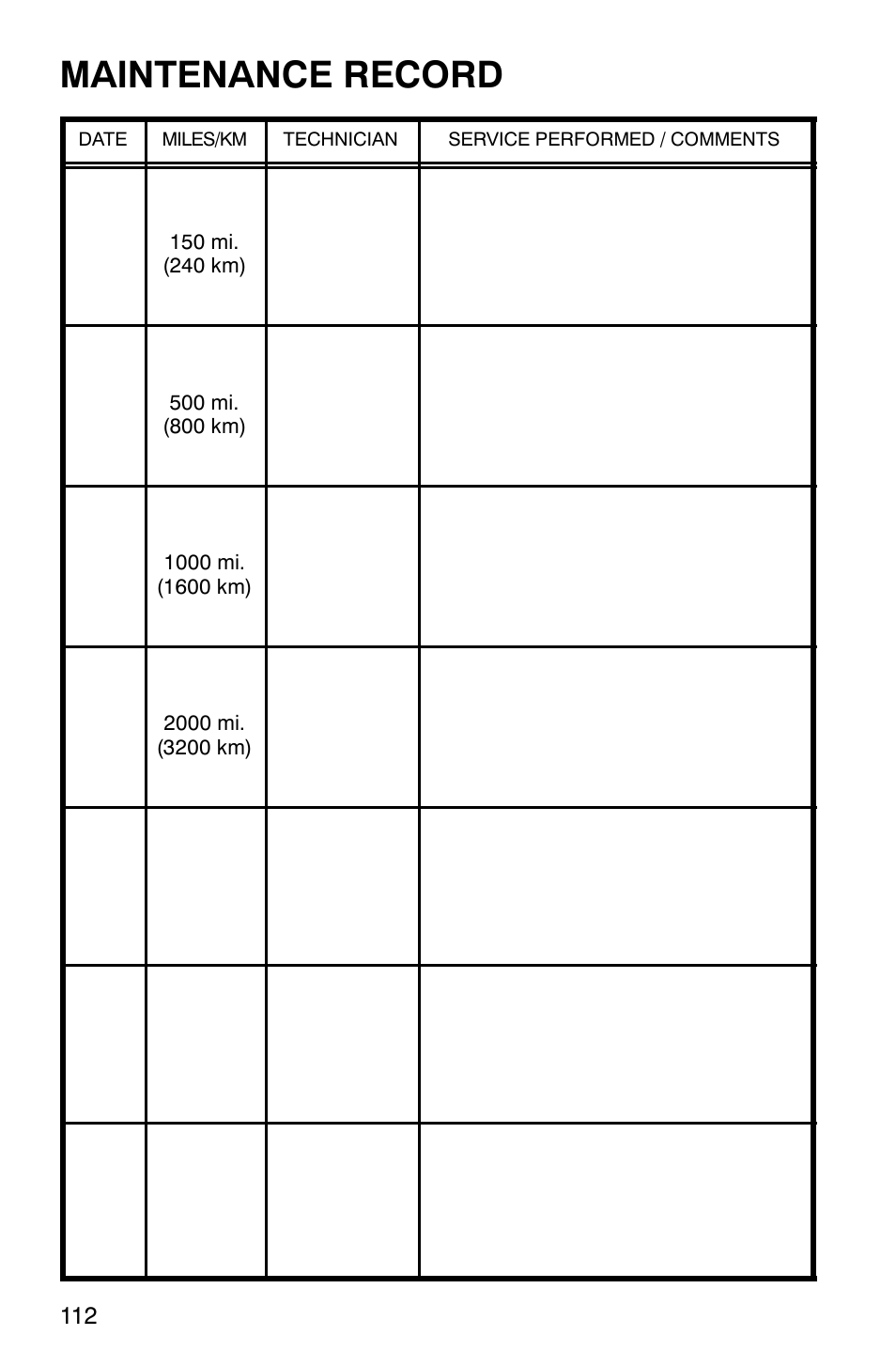 Maintenance record | Polaris 600RR User Manual | Page 115 / 119