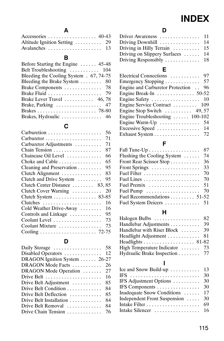 Index | Polaris 600RR User Manual | Page 118 / 119