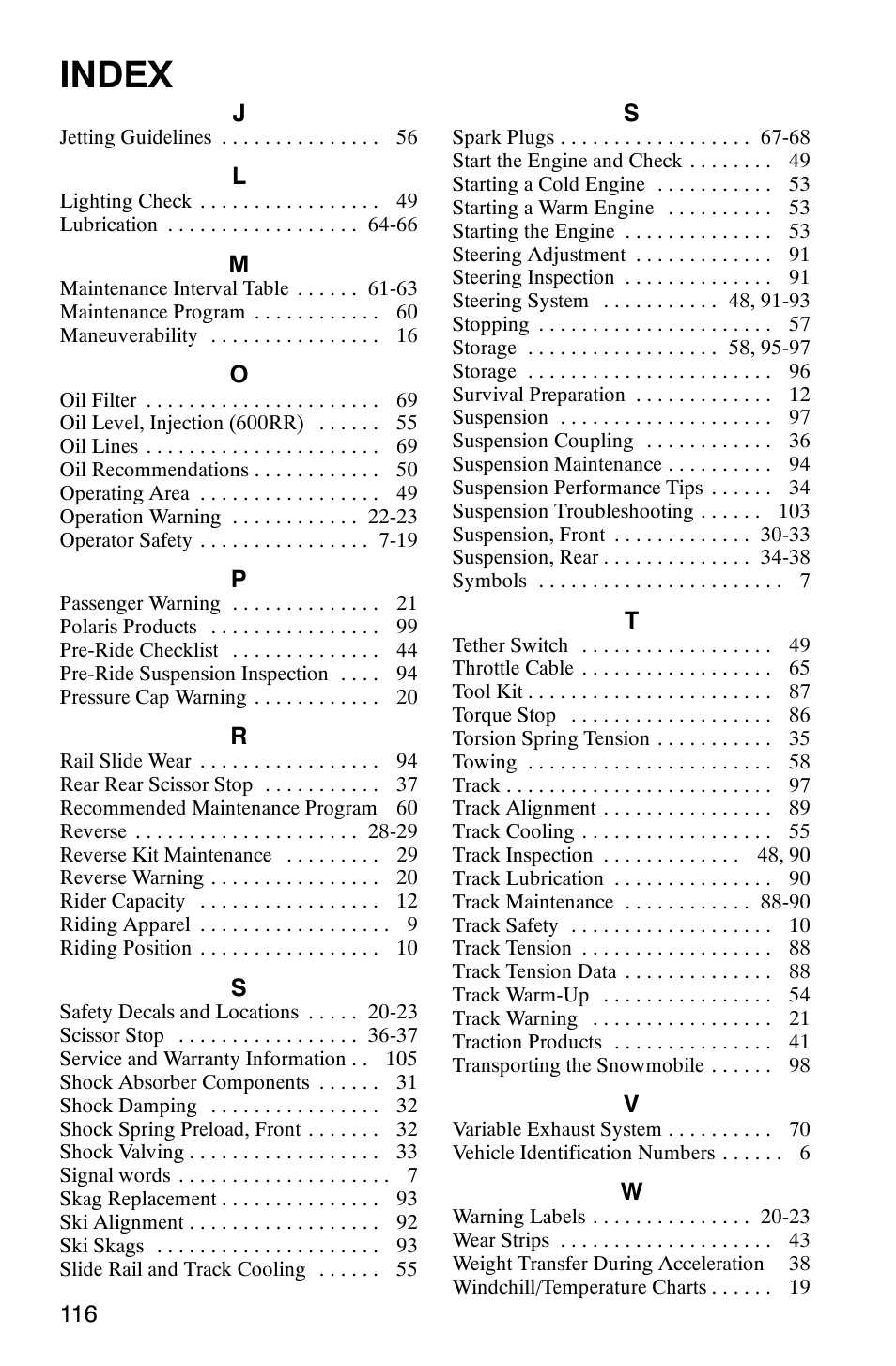 Index | Polaris 600RR User Manual | Page 119 / 119
