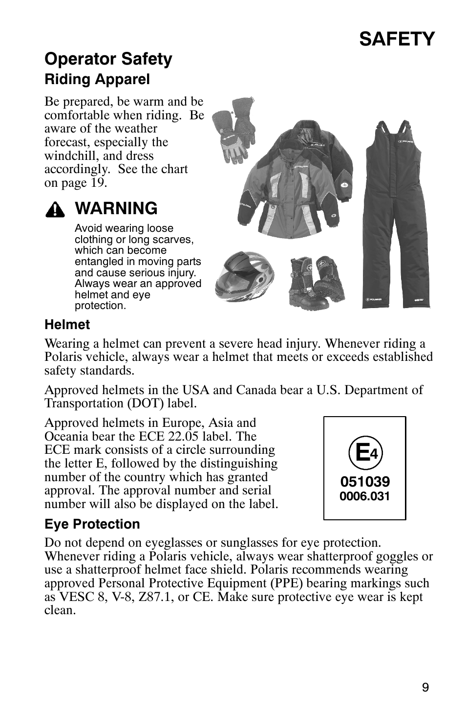 Safety, Operator safety, Warning | Polaris 600RR User Manual | Page 12 / 119