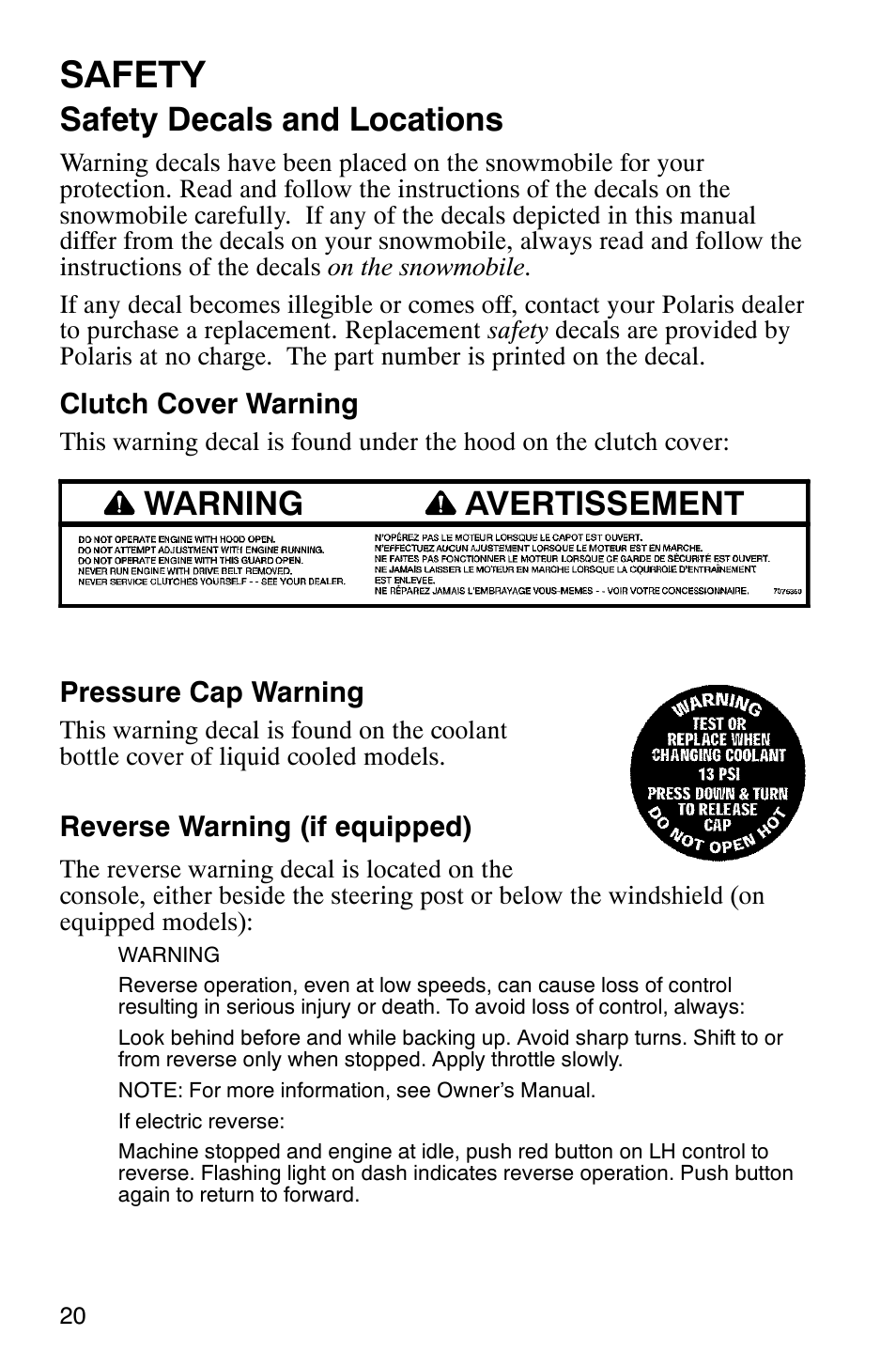 Safety, Safety decals and locations, Warning avertissement | Polaris 600RR User Manual | Page 23 / 119