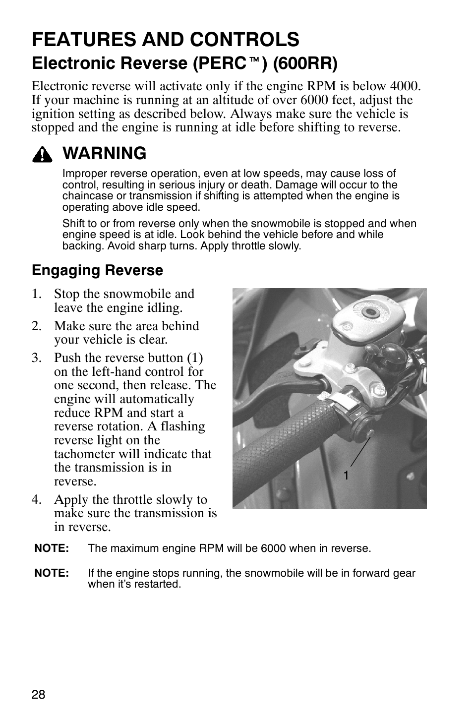 Features and controls, Electronic reverse (perc t ) (600rr), Warning | Engaging reverse | Polaris 600RR User Manual | Page 31 / 119