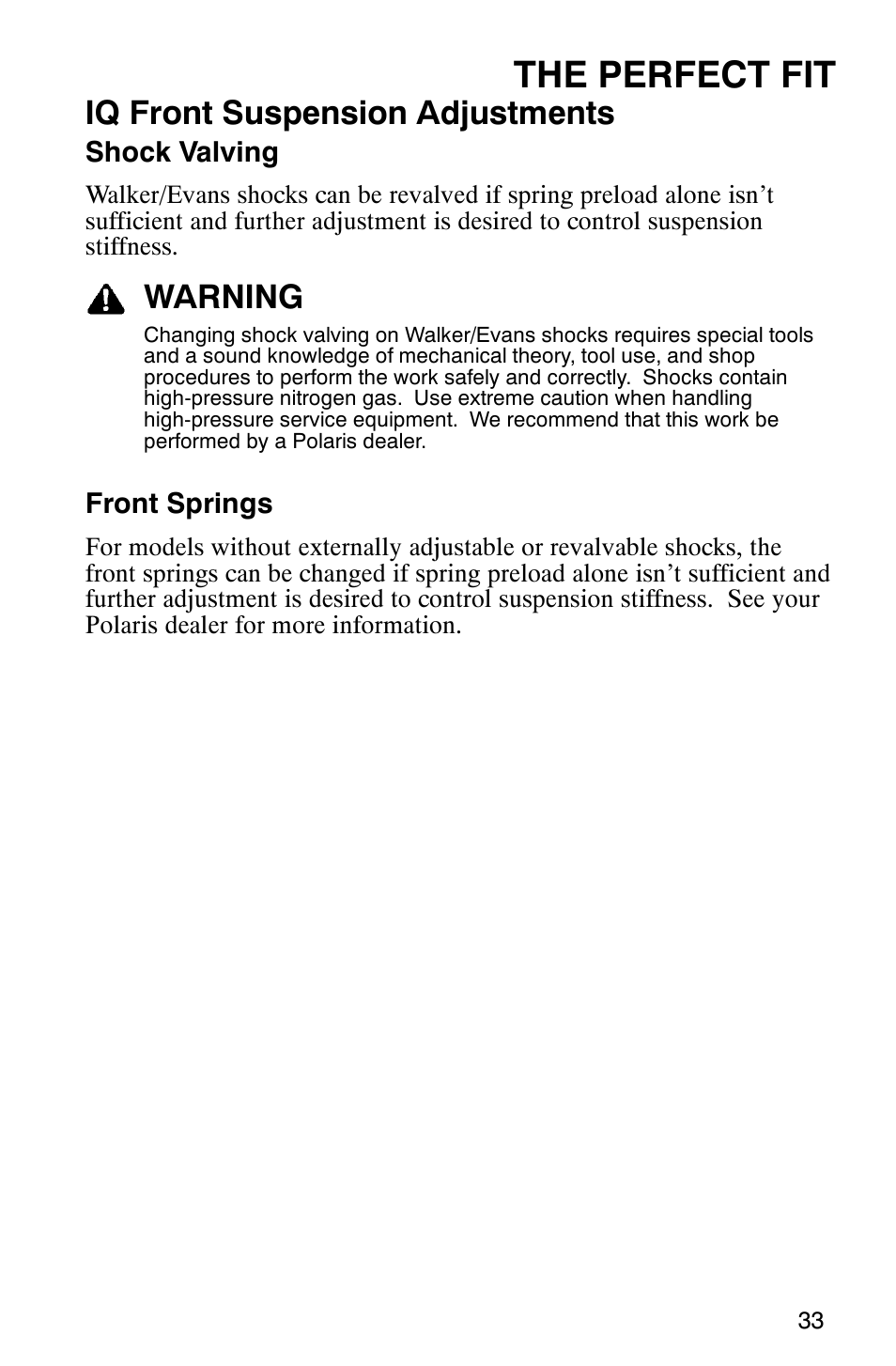 The perfect fit, Iq front suspension adjustments, Warning | Polaris 600RR User Manual | Page 36 / 119